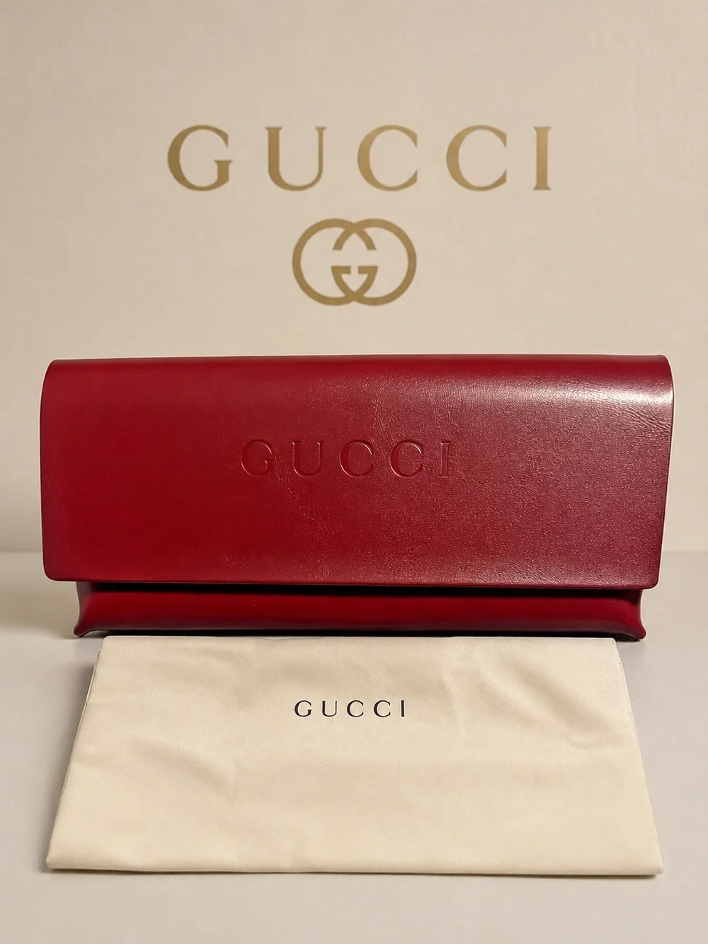 Gucci Red Leather Eyeglasses Sunglasses Case + Cleaning Cloth